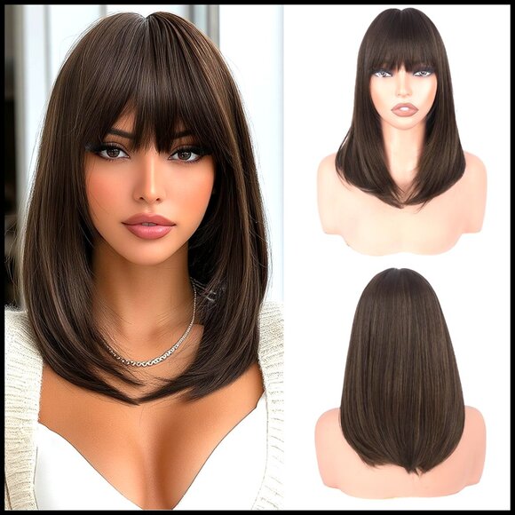 Synthetic Heat Resistant Bob Wig with Bangs Shoulder Length Straight Natural